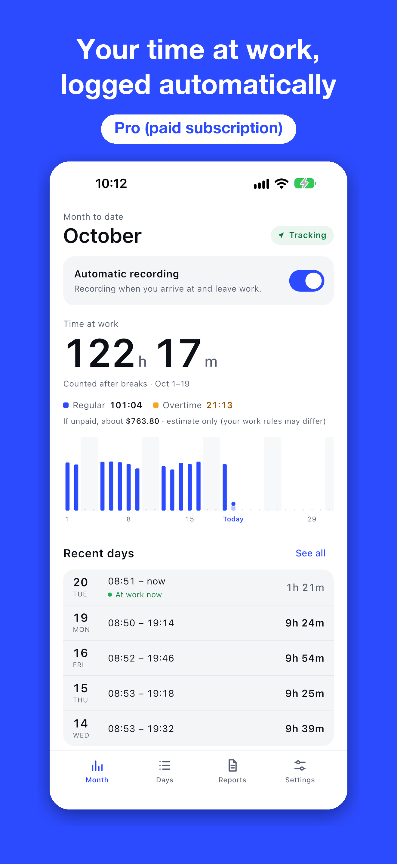 ClockLog Month screen showing monthly totals and daily hours, with Pro enabled