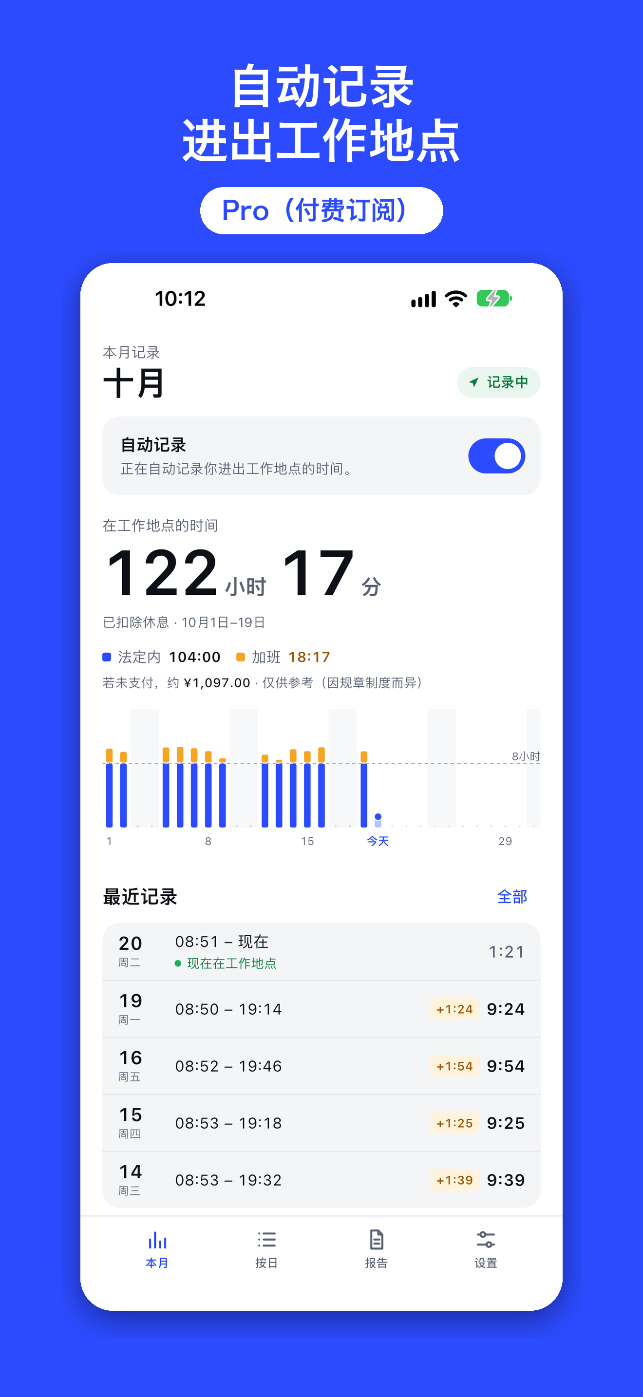 ClockLog Pro 界面示例，展示本月合计与每天的时间